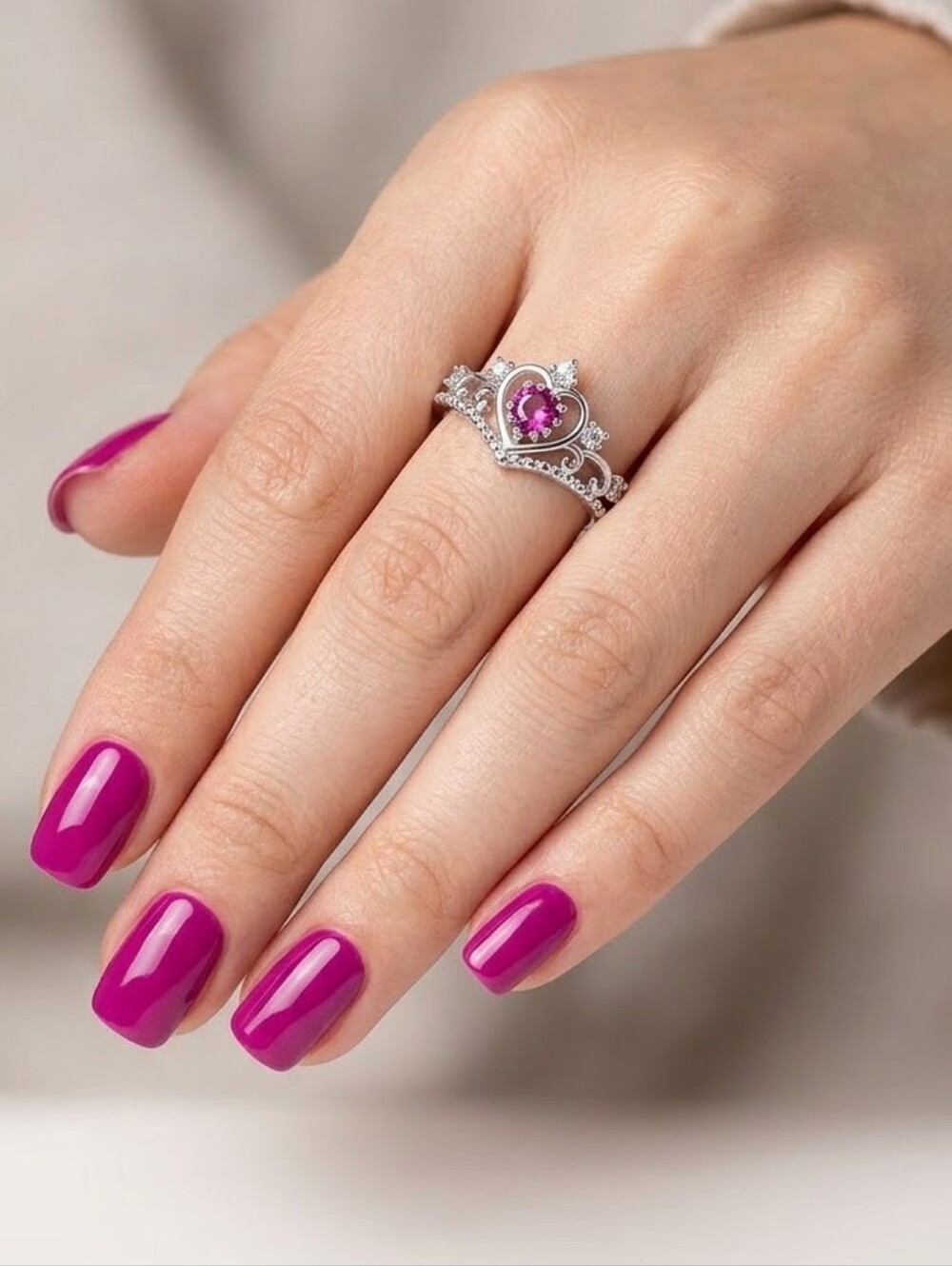Silver Plated Resizable Pink Heart Crown Ring